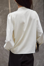 Beige Puffle Front Flounce-Trimmed Long Sleeve Blouse