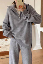 Casual Lapel Sweater and Wide-leg Pants Two-piece Suit