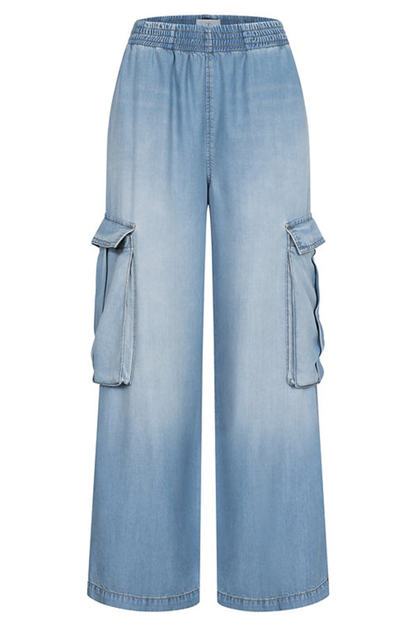 Winnie Denim Mid Rise Elastic Waist Flap Pockets Wide Leg Cargo Pants