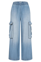 Winnie Denim Mid Rise Elastic Waist Flap Pockets Wide Leg Cargo Pants