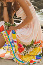Botanical Print Square Neck Suspender Pleated Casual Vacation Maxi Dress