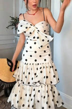Gerrie Linen Blend Polka Dot Bow Smocked Top and High Rise Tiered Hem Maxi Skirt Set