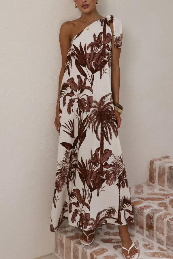Botanical Print Sleeveless One-shoulder Casual Vacation Maxi Dress