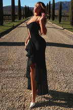 Lace Cutout Mesh Spaghetti Strap Asymmetrical Party Dress