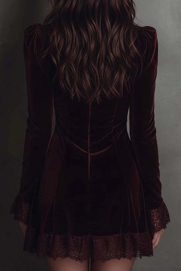 Fashionable Velvet and Lace Patchwork Long-sleeved V-neck Slim-fit Mini Dress