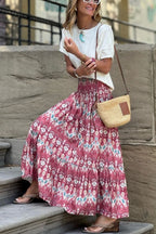 Resort Style Unique Print Pleated Elastic Waist Maxi Skirt