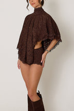 Carmen Lace Bow-tie Round Neckline Ruffle Cape Overlay Top