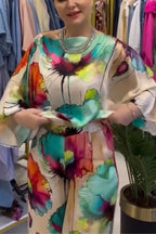 Ink Wash Floral Print Batwing Sleeve Wide Leg Pants Set
