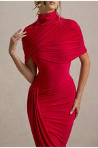 Solid High Neck Pleated Slim Waist Maxi Dress