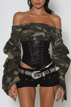 Off Shoulder Camo Print Tie Up  Blouse
