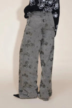 Jhenie Denim Beaded Sequin Floral Pattern Mid Rise Pocket Wide Leg Jeans