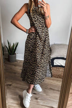 Black Contrast Striped Trim Leopard Sleeveless Midi Dress