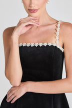 Sweet Poetry Velvet Pearl Trim Straps Pocketed Tulip Style Mini Dress