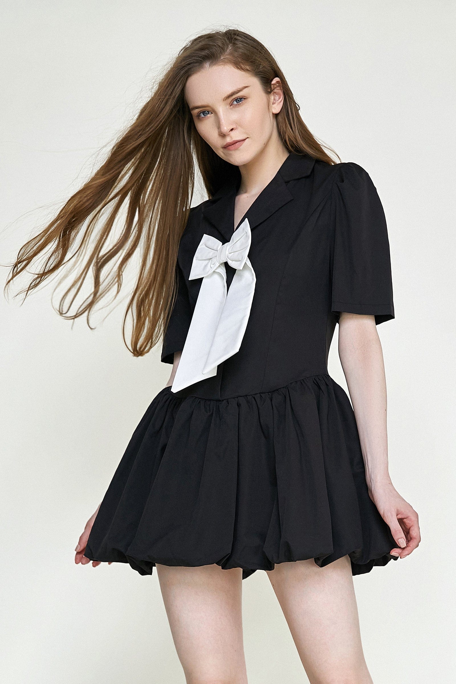 Black Bowknot Decor Balloon-Skirt Mini Dress
