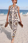 Unique Print Sleeveless Button Resort Midi Dress