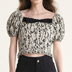 Beige Leaf Print Puff Sleeve Bow Detail Crop Top