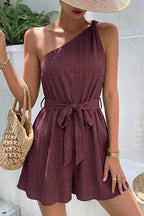 One-Shoulder Tie-Waist Textured Romper