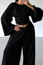 Casual Cinched Waist Flared Sleeve Top Palazzo Pants Set