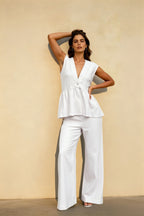 Cotton V Neck Sleeveless Vest Pants Two Piece Set