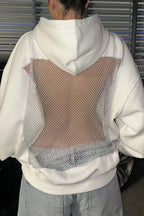 Fashionable Shiny Mesh Hollow Back Loose Long-sleeved Hooded Sweatshirt