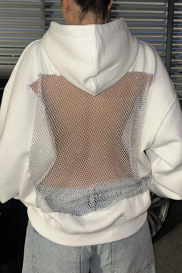 Fashionable Shiny Mesh Hollow Back Loose Long-sleeved Hooded Sweatshirt
