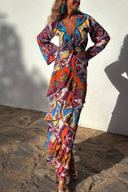 Colorful Day Unique Print Bell Sleeve Cutout Waist Layered Maxi Dress
