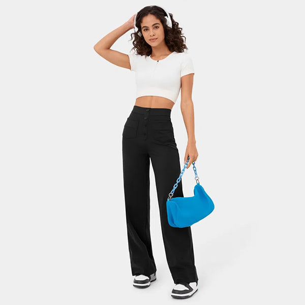High Waisted Button Multiple Pockets Straight Leg Casual Pants