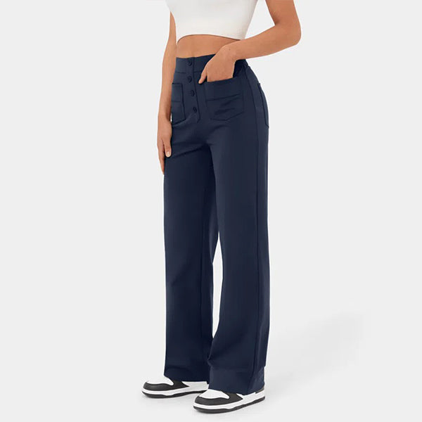 High Waisted Button Multiple Pockets Straight Leg Casual Pants