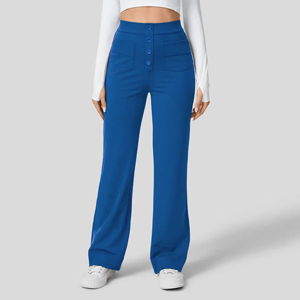 High Waisted Button Multiple Pockets Straight Leg Casual Pants