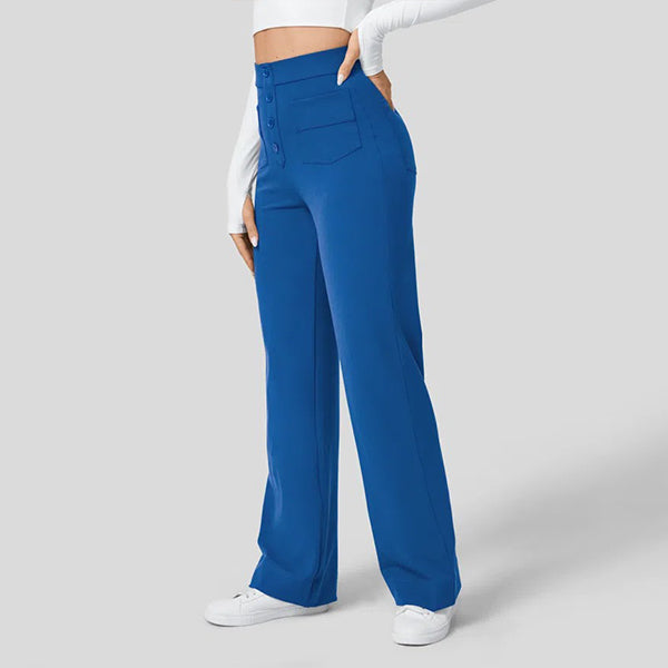 High Waisted Button Multiple Pockets Straight Leg Casual Pants