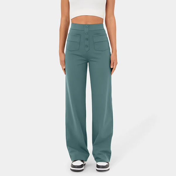High Waisted Button Multiple Pockets Straight Leg Casual Pants