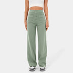 High Waisted Button Multiple Pockets Straight Leg Casual Pants