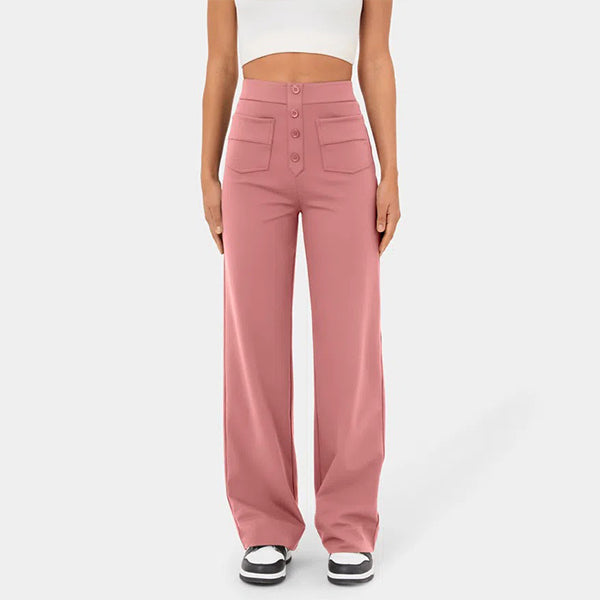 High Waisted Button Multiple Pockets Straight Leg Casual Pants