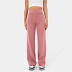 High Waisted Button Multiple Pockets Straight Leg Casual Pants