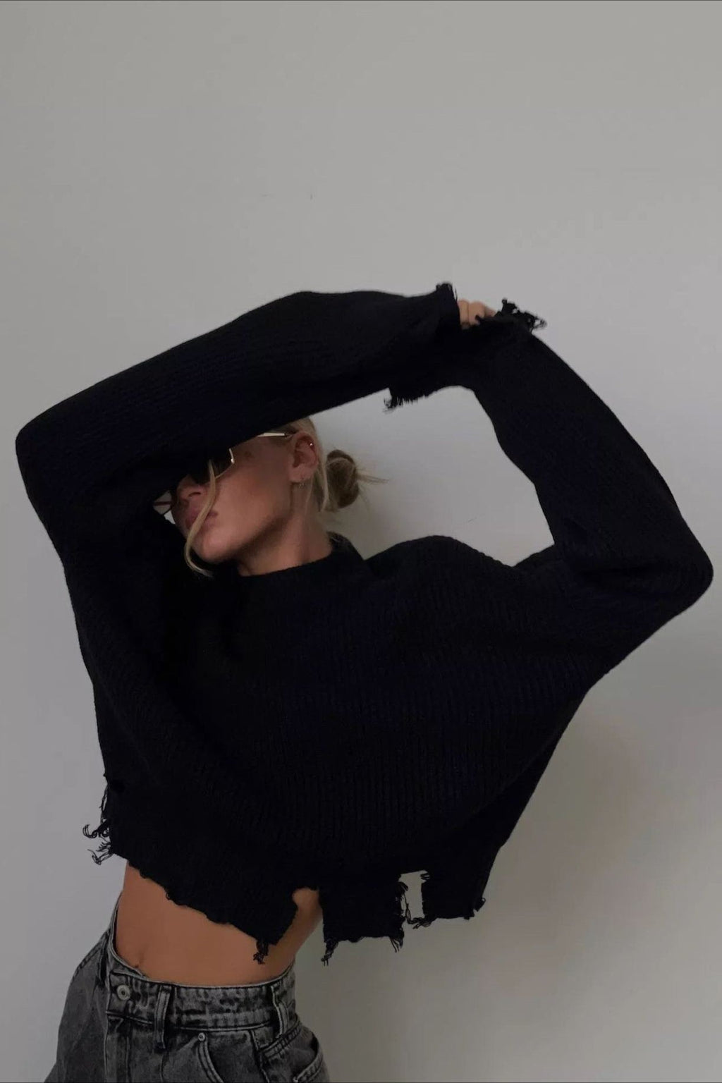 Edgy Distressed Crew Neck Solid Sweater