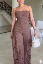 Lily Embroidered Cutout Lace Back Lace-up Tank and High Rise Wide Leg Pants Set
