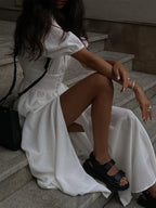 Bubble Sleeves Frenchy Button Split Long Dress