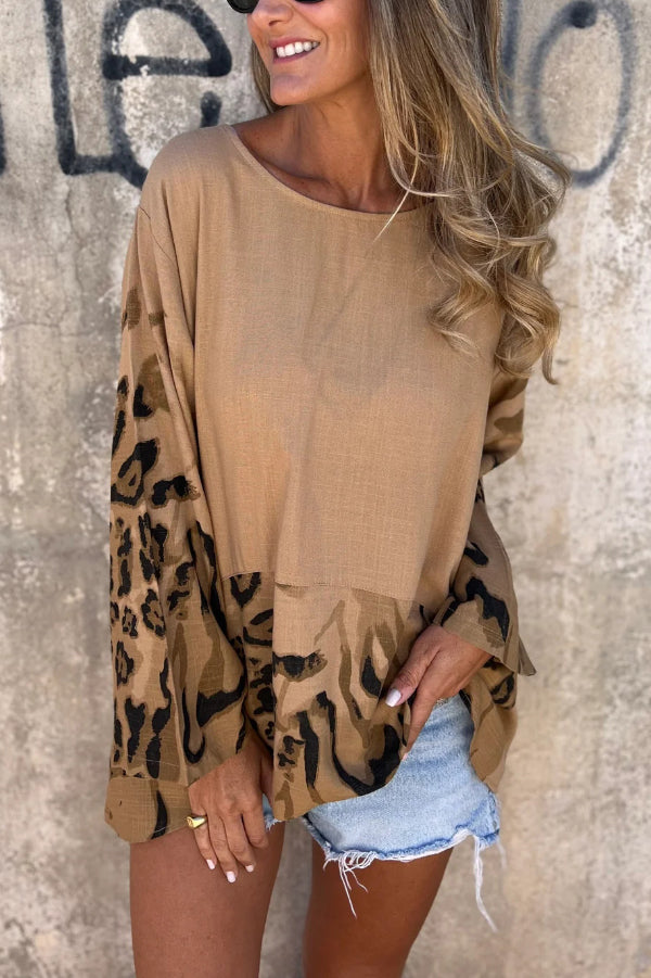 Leopard Print Loose-fitting Round Neck Long-sleeved Casual Top