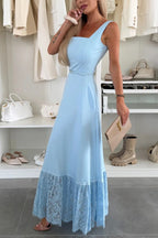 Solid Color Square Neck Sleeveless Fitted Waist Elegant Lace Hem Maxi Dress