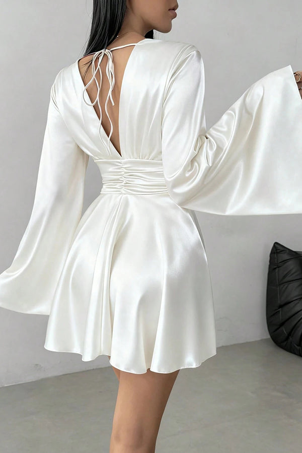 Solid Color V-neck Flared Long Sleeves Slim-fit Elegant Mini Dress