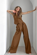 Brown Striped Two Piece Vest Pants Set
