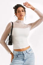 Solid Mock Neck Mesh Paneled Sexy Crop Top