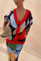 Bright and Bold Knit Abstract Color Blocks Button Long Sleeve Loose Cardigan