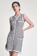Grey Sleeveless Button Front Pocket Detail Knitted Mini Dress