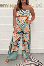 Fashion print suspenders open back tie top + straight pants set