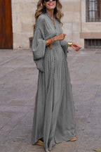 Noemí Minimalist Polished Long Sleeve Loose V Neck Waist Control Large Hem Dress Chic Silhouette Collection