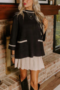 Class Act Knit Contrast Color Trim Mock Neck Pockets Sweater