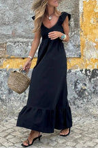 Black V Neck Flutter Sleeve Smocked Bodice High Waist Ruffle Maxi Dress