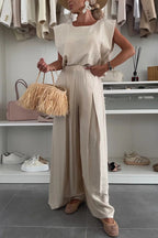 Santie Round Neck Cape Sleeve Loose Top and Elastic Waist Pocket Wide Leg Pants Set