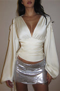 Vintage High Stretch Satin Waist Cinched Long Sleeve Tee